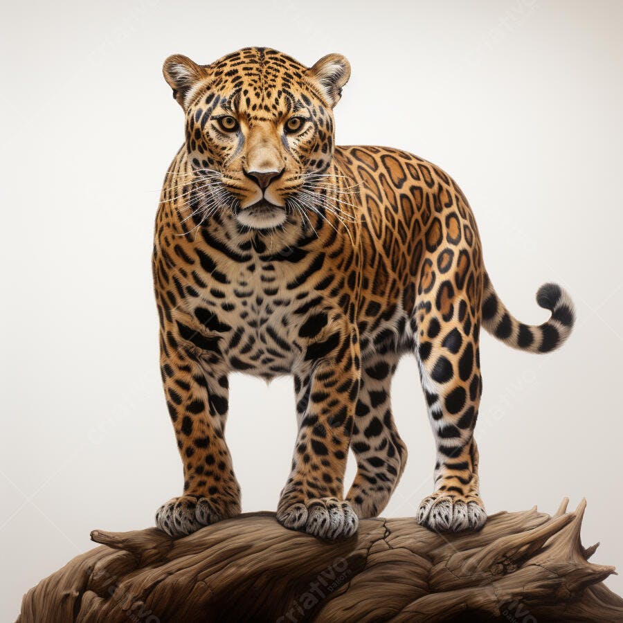 Jaguar em tronco de árvore fundo branco