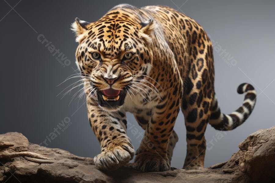 Jaguar ameaçador em fundo cinza