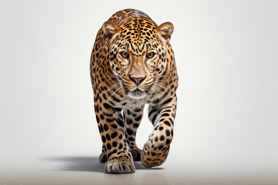 Leopardo caminhando fundo branco
