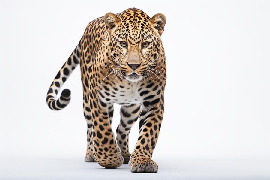 Leopardo caminhando fundo branco