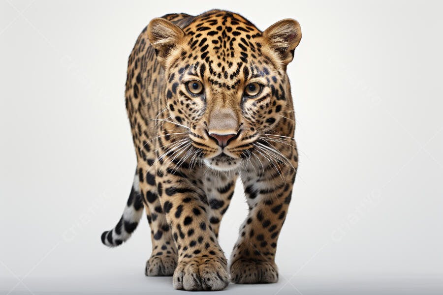 Leopardo caminhando fundo branco