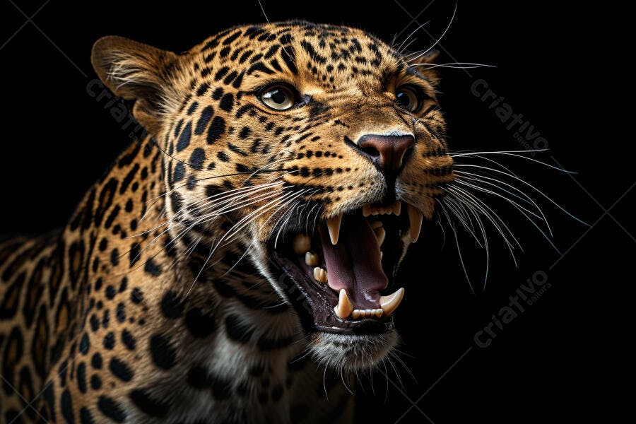 Leopardo rugindo fundo preto