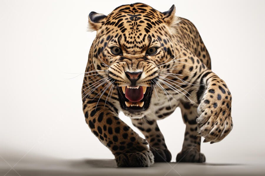 Leopardo ameaçador em fundo branco