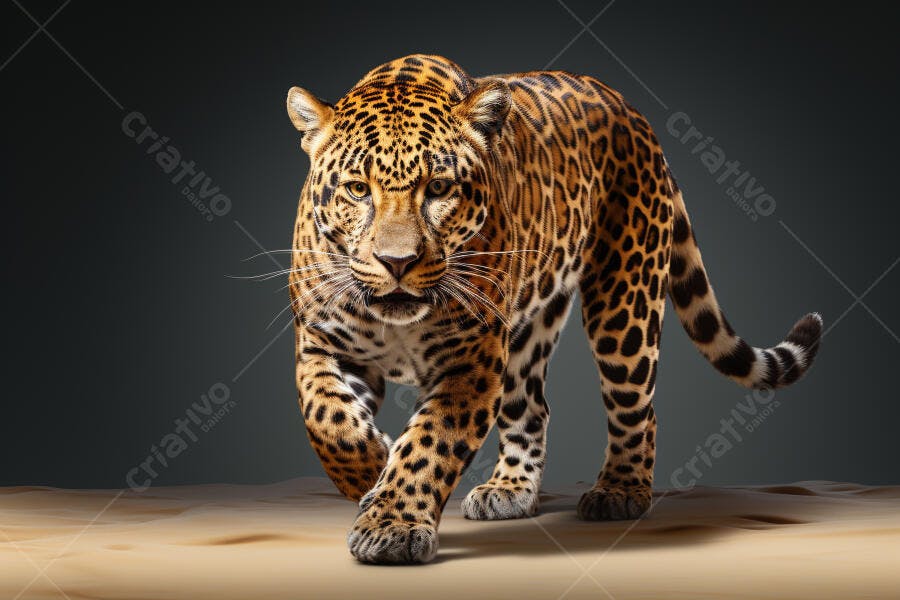 Jaguar caminhando em areia fundo escuro