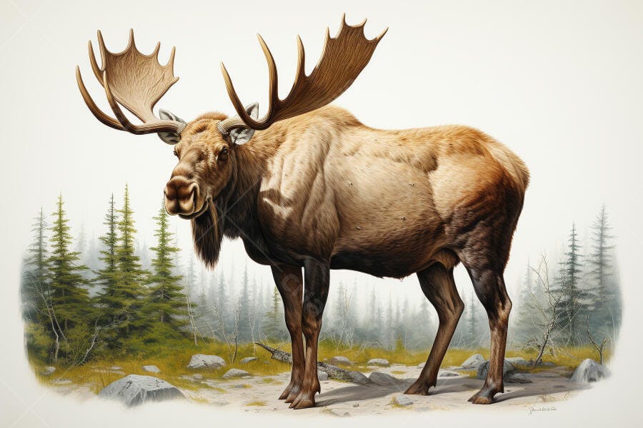 Alce com grandes chifres em floresta nevada