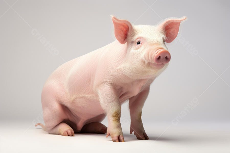 Porquinho rosa sentado fundo cinza
