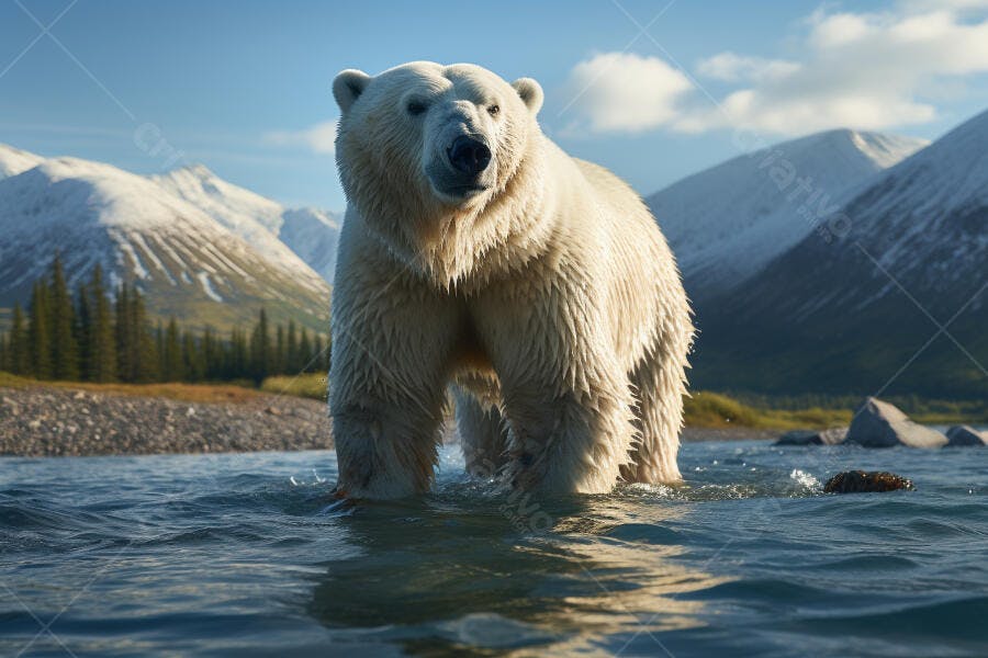 Urso Polar na água com montanhas nevadas
