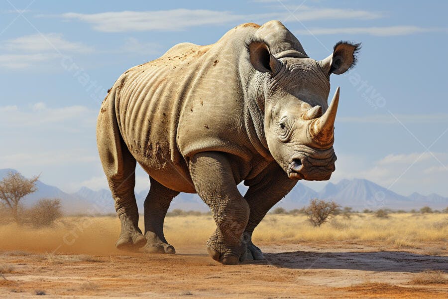 Rinoceronte branco correndo na savana africana