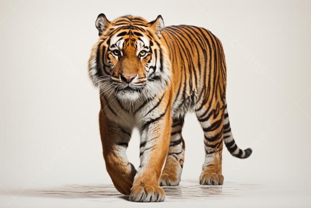Tigre caminhando sobre fundo branco, com olhar intenso e postura predatória