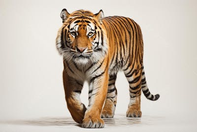 Tigre caminhando sobre fundo branco, com olhar intenso e postura predatória