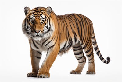 Tigre caminhando sobre fundo branco, com olhar intenso e postura predatória