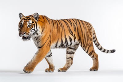 Tigre caminhando sobre fundo branco, com olhar intenso e postura predatória