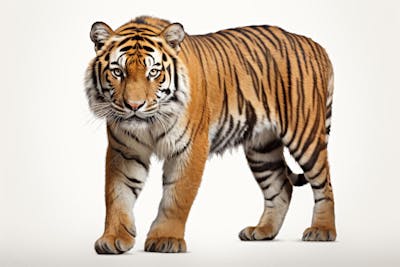Tigre caminhando sobre fundo branco, com olhar intenso e postura predatória