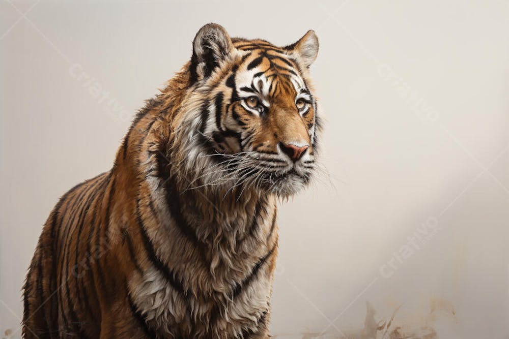 Tigre caminhando sobre fundo branco, com olhar intenso e postura predatória