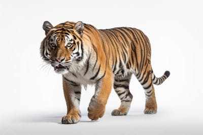 Tigre caminhando sobre fundo branco, com olhar intenso e postura predatória