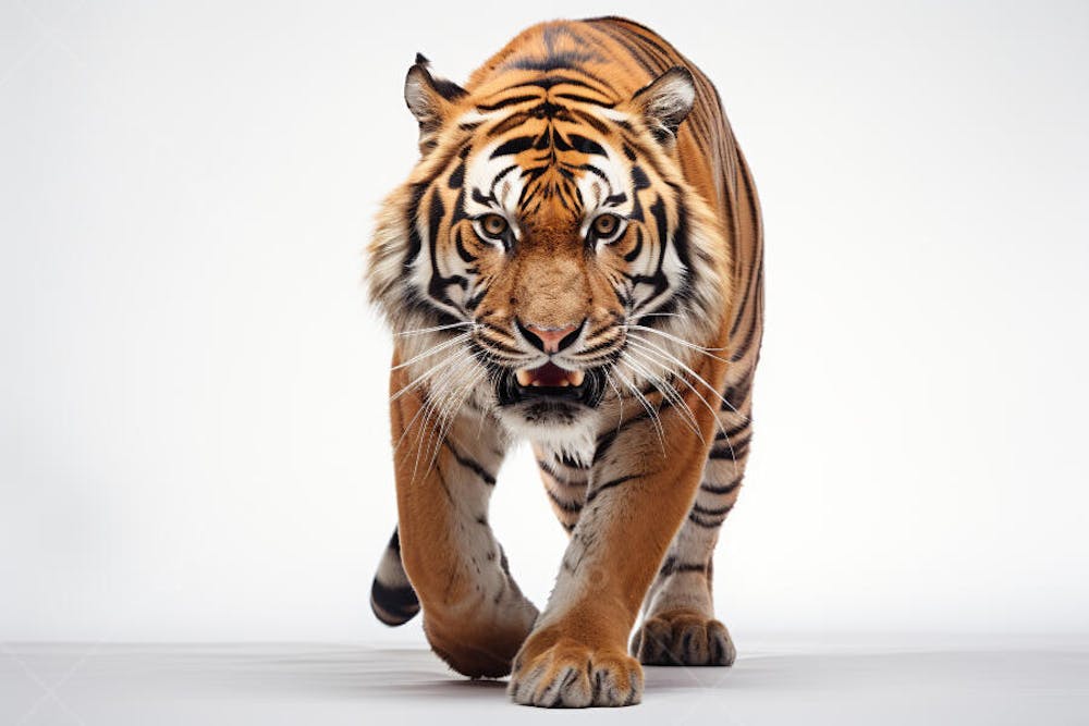 Tigre caminhando sobre fundo branco, com olhar intenso e postura predatória