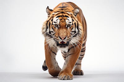 Tigre caminhando sobre fundo branco, com olhar intenso e postura predatória