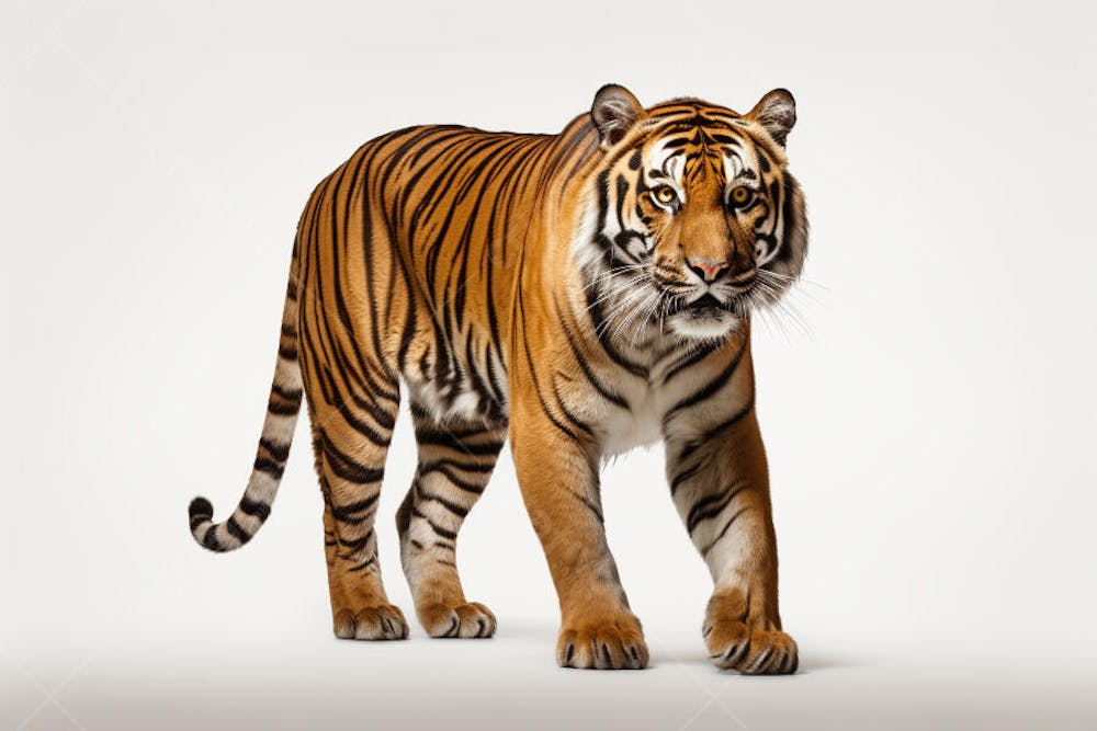 Tigre caminhando sobre fundo branco, com olhar intenso e postura predatória