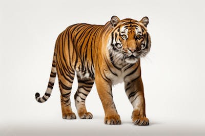 Tigre caminhando sobre fundo branco, com olhar intenso e postura predatória