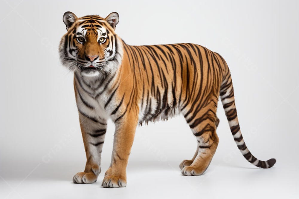 Tigre caminhando sobre fundo branco, com olhar intenso e postura predatória