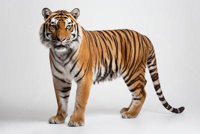 Tigre caminhando sobre fundo branco, com olhar intenso e postura predatória