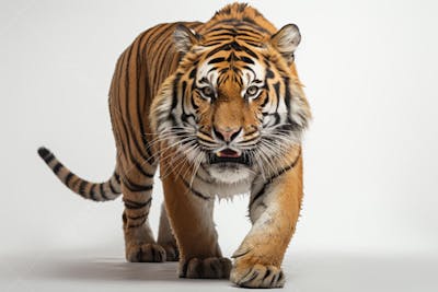 Tigre caminhando sobre fundo branco, com olhar intenso e postura predatória