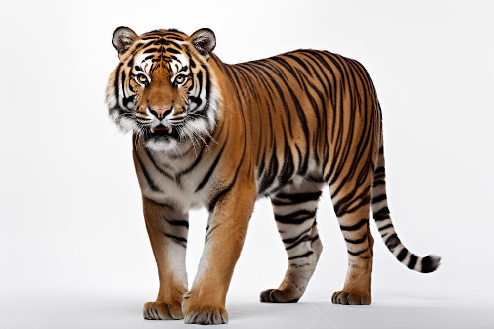 Tigre caminhando sobre fundo branco, com olhar intenso e postura predatória
