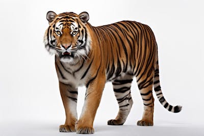 Tigre caminhando sobre fundo branco, com olhar intenso e postura predatória