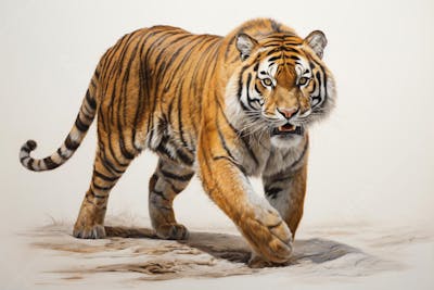 Tigre caminhando sobre fundo branco, com olhar intenso e postura predatória