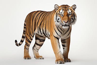 Tigre caminhando sobre fundo branco, com olhar intenso e postura predatória