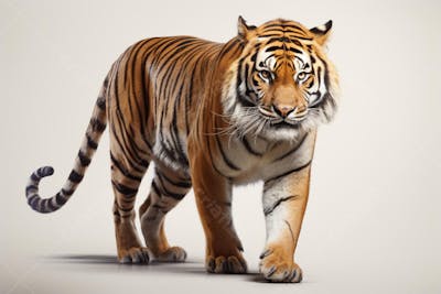 Tigre caminhando sobre fundo branco, com olhar intenso e postura predatória