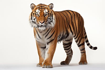 Tigre caminhando sobre fundo branco, com olhar intenso e postura predatória