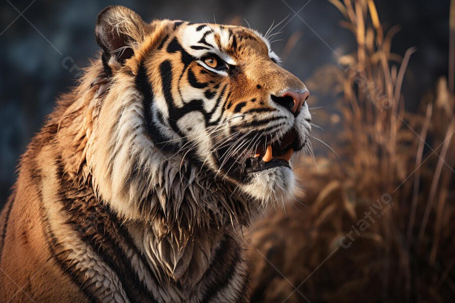Tigre molhado em close olhando para cima