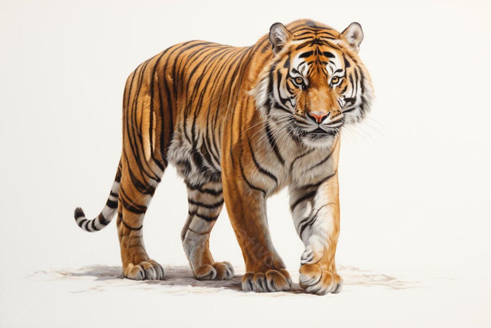 Tigre caminhando sobre fundo branco, com olhar intenso e postura predatória