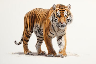 Tigre caminhando sobre fundo branco, com olhar intenso e postura predatória