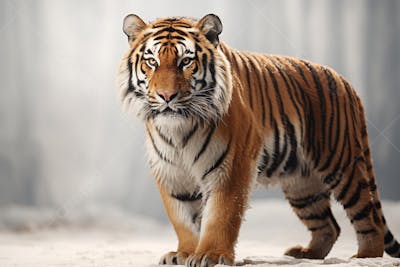 Tigre caminhando sobre fundo branco, com olhar intenso e postura predatória