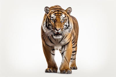 Tigre caminhando sobre fundo branco, com olhar intenso e postura predatória
