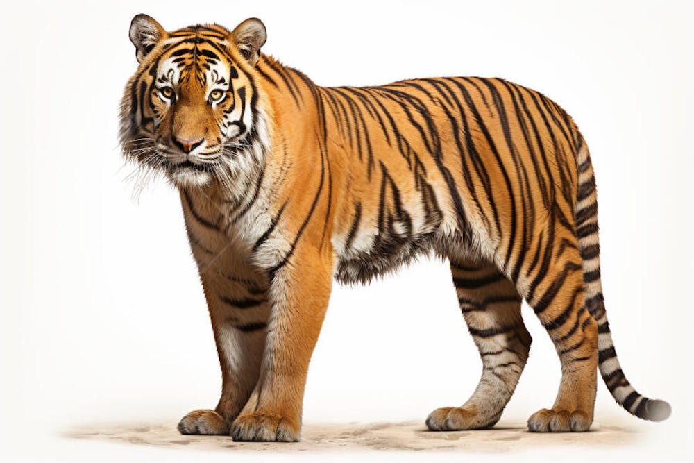 Tigre caminhando sobre fundo branco, com olhar intenso e postura predatória