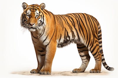 Tigre caminhando sobre fundo branco, com olhar intenso e postura predatória
