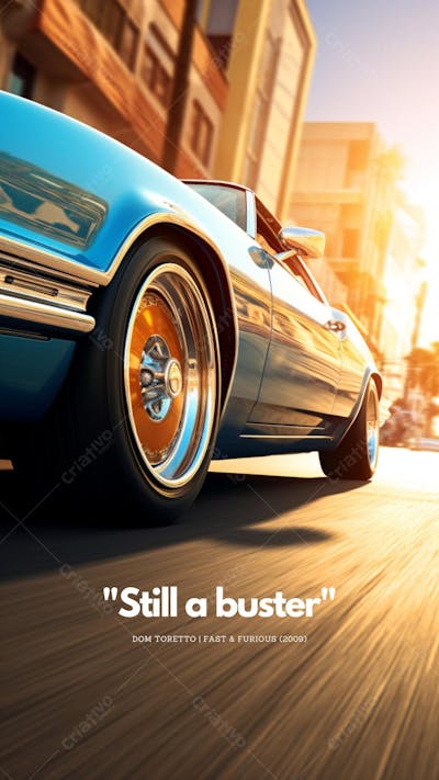 Carro esportivo e frase icônica de 2 Fast 2 Furious