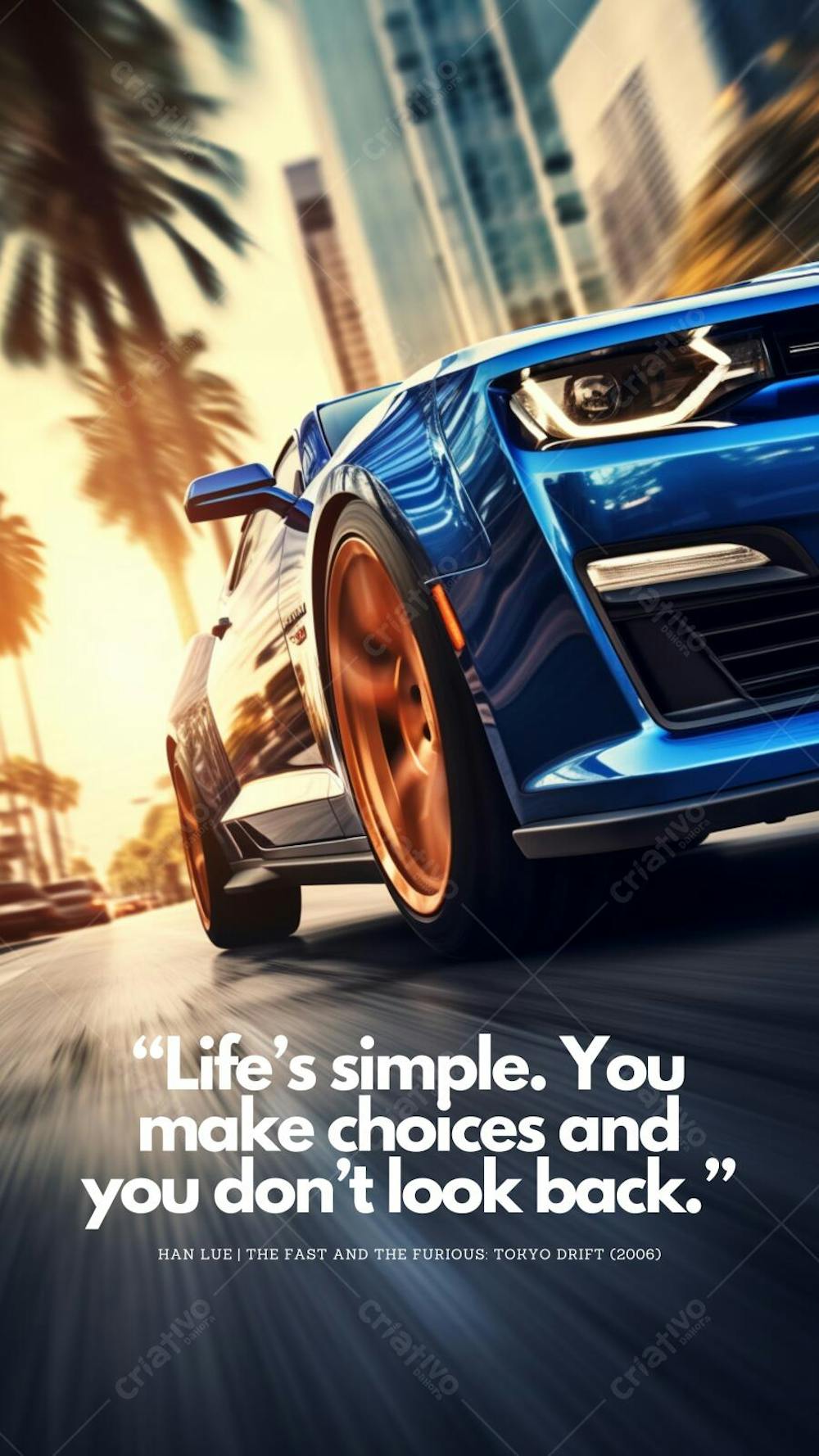 Carro esportivo e frase icônica de 2 Fast 2 Furious