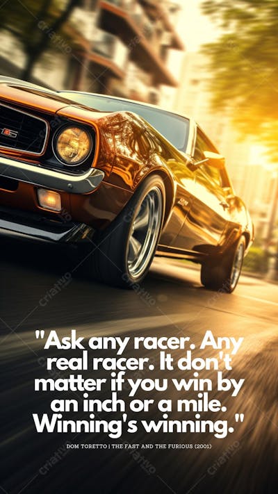 Carro esportivo e frase icônica de 2 Fast 2 Furious