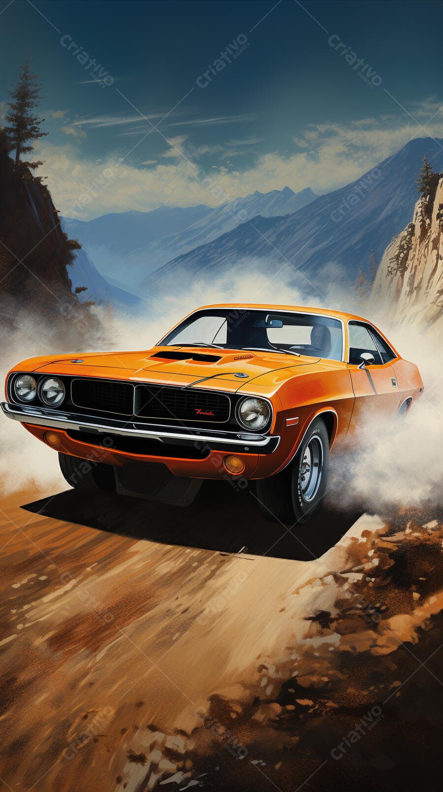 Muscle Car Laranja em Estrada Montanhosa