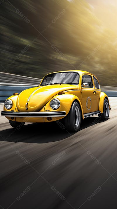 Carro Fusca Amarelo esportivo clássico em alta velocidade em estrada sinuosa