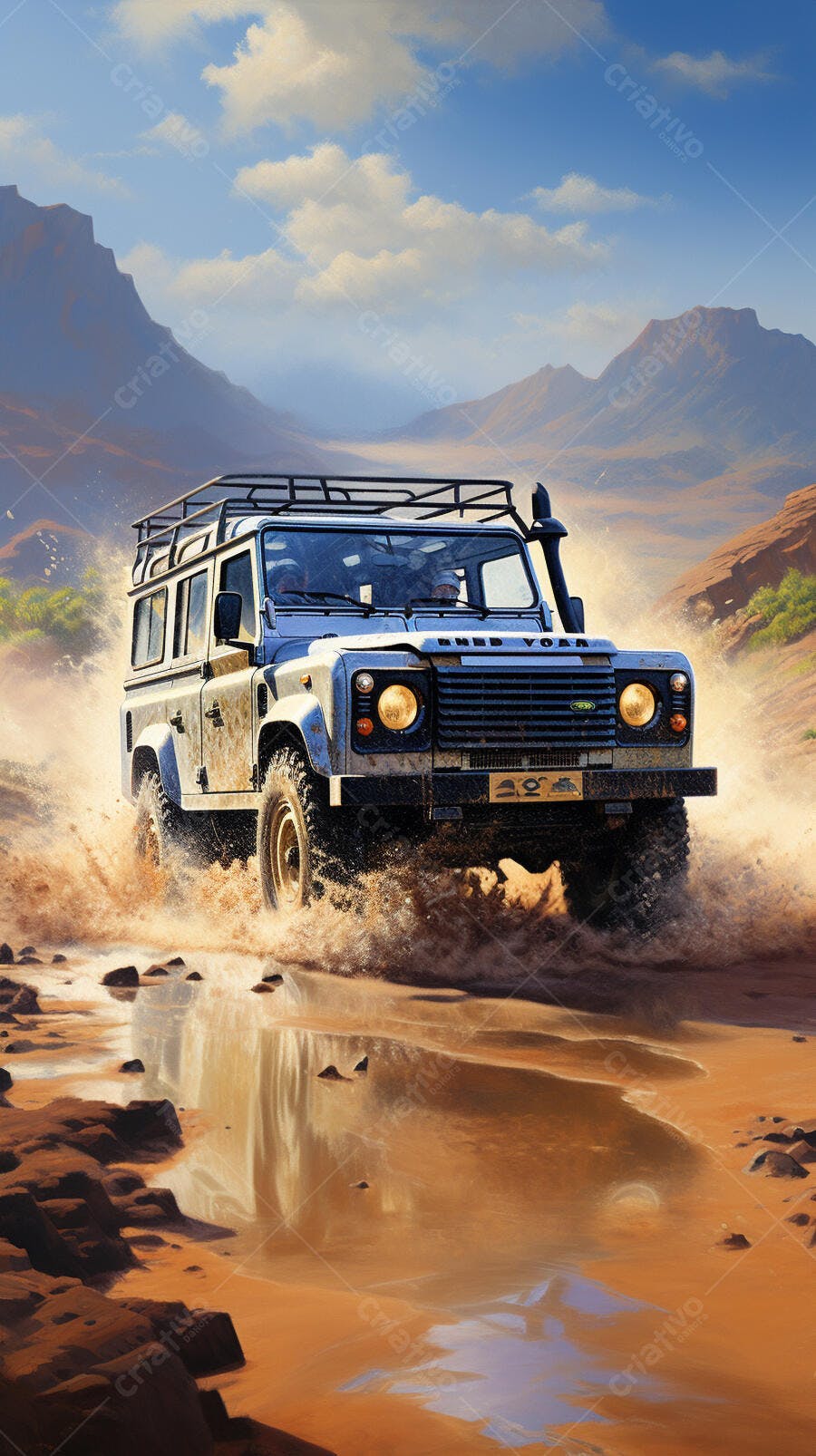 Land Rover atravessando rio em paisagem desértica
