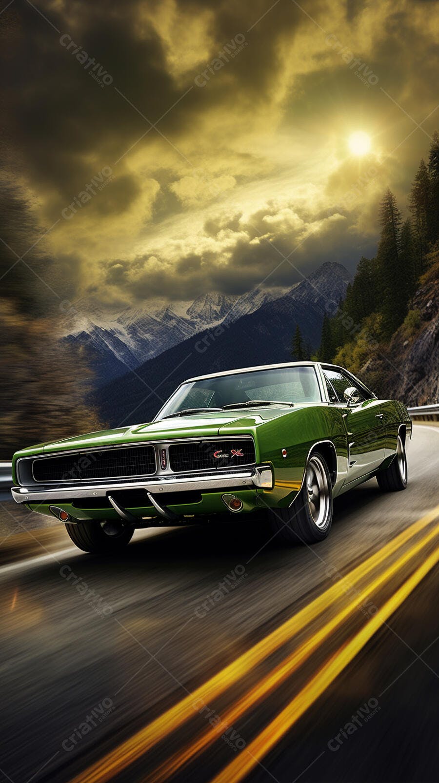 Dodge Charger Verde em Estrada Montanhosa