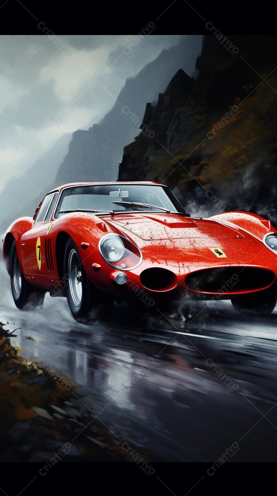 Ferrari 250 GTO vermelha em estrada chuvosa