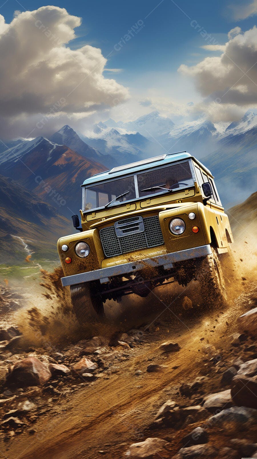 Jipe Land Rover amarelo em trilha montanhosa