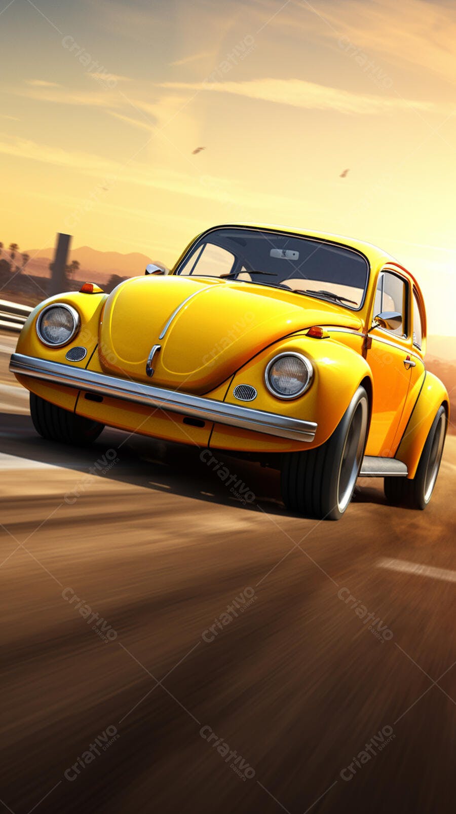 Fusca amarelo em estrada ao pôr do sol