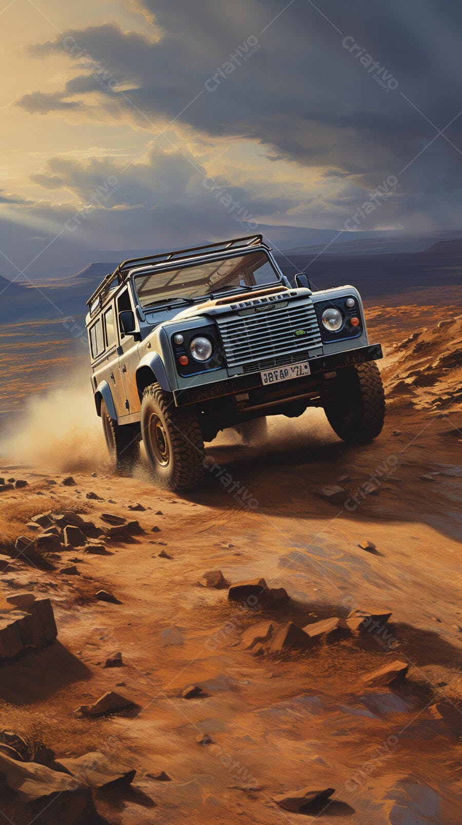 Land Rover em trilha desértica ao entardecer